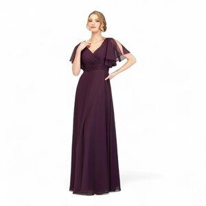 Abby Paris A-Line Sheer Chiffon V-Neck Drape Sleeves Formal Gown - Plum NWT